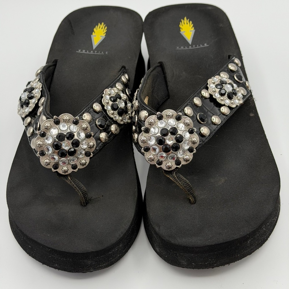 Volatile Platform Flip Flops Womens 10 Black Studded Rhinestone Wedge Y2K Chunky